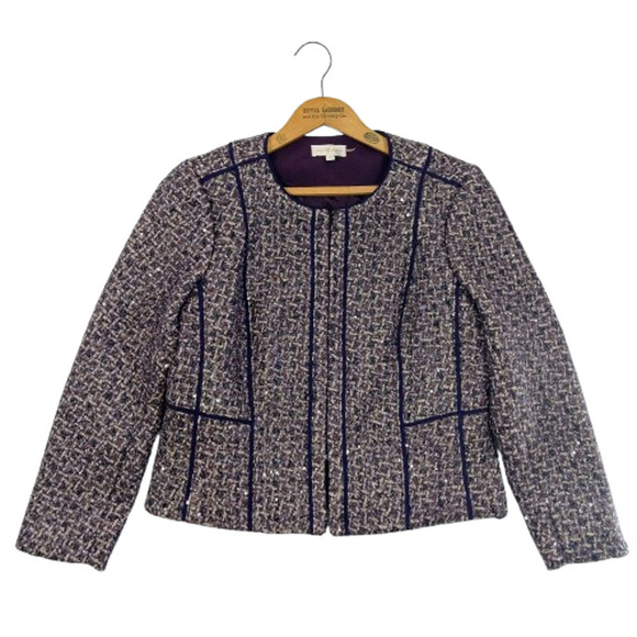 Tory Burch Kennedy Metallic Tweed Jacket Size 12 Purple Plum Sequin Shimmer - Picture 1 of 11